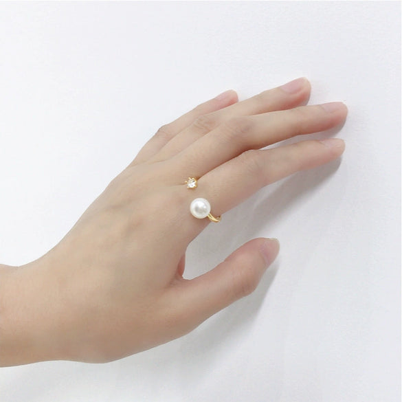 Freshwater Pearl Ring Copper 18K Gold Electroplated Six Claw Oblate Treated Bun Round Women's Fashion