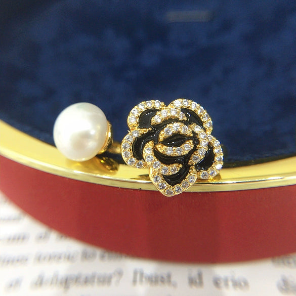 Freshwater Pearl Ring Copper Material Fashion Style Micro Set Zircon Oil Black Camellia Design For Women