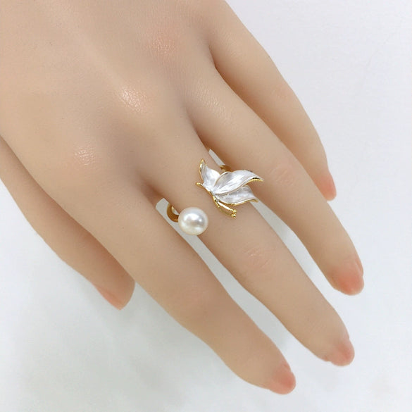 Freshwater Pearl Ring Copper Material Frosted Butterfly Style For Women