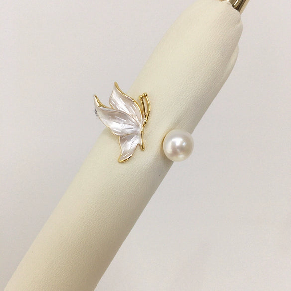 Freshwater Pearl Ring Copper Material Frosted Butterfly Style For Women