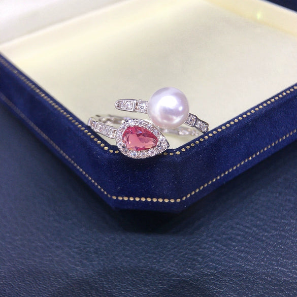 Freshwater Pearl Ring Copper Microinlaid Zircon Bamboo Ruby Open Women's Fashion Jewelry