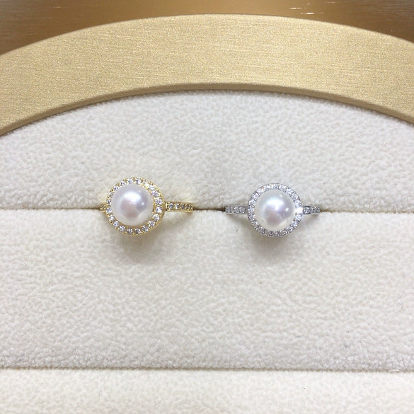 Freshwater Pearl Ring Copper Microinlaid Zircon Women's Fashion Flat Round Bun Round Jewelry