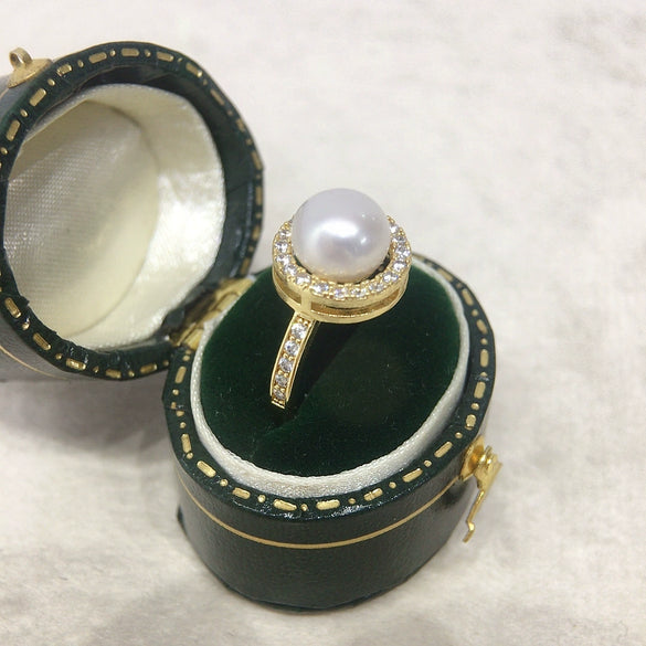 Freshwater Pearl Ring Copper Microinlaid Zircon Women's Fashion Flat Round Bun Round Jewelry