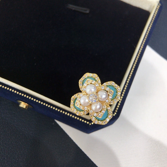 Freshwater Pearl Ring Copper Retro Court Style Fourleaf Flower Jewelry For Women