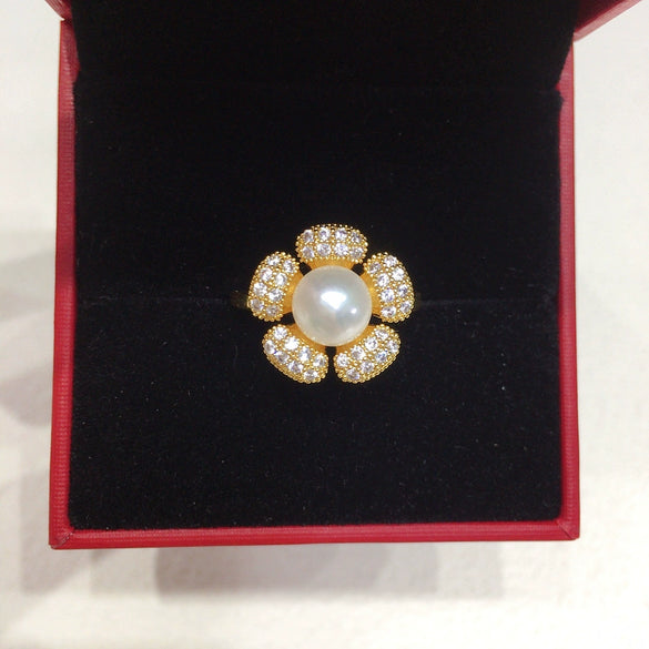 Freshwater Pearl Ring Copper Sunflower Micro Set Zircon Women's Light Luxury Fashion Jewelry