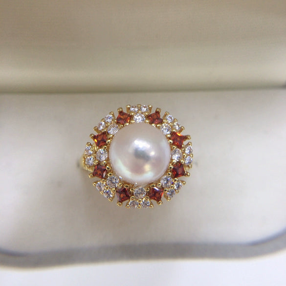Freshwater Pearl Ring Copper With Gold Color Preservation Micro Zircon Flat Round And Bun Round Style Women's