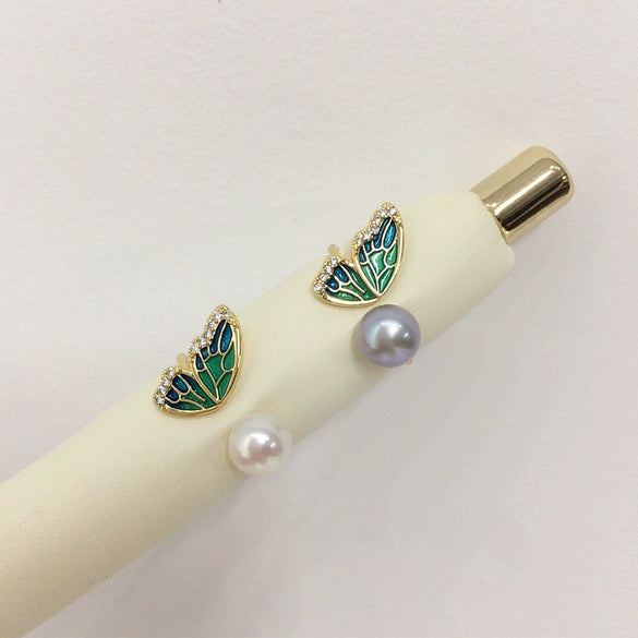 Freshwater Pearl Ring Copper With 18K Gold Electroplating Fashion Casual Butterfly Half Wings Design For Women