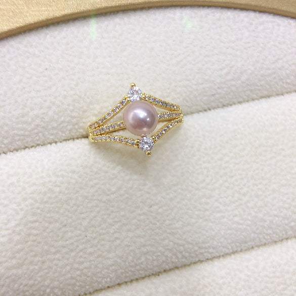 Freshwater Pearl Ring Fashion Exquisite Micro Inlaid Zircon Diamond Copper Adjustable Opening Women's Flat Round Rose Buns Round