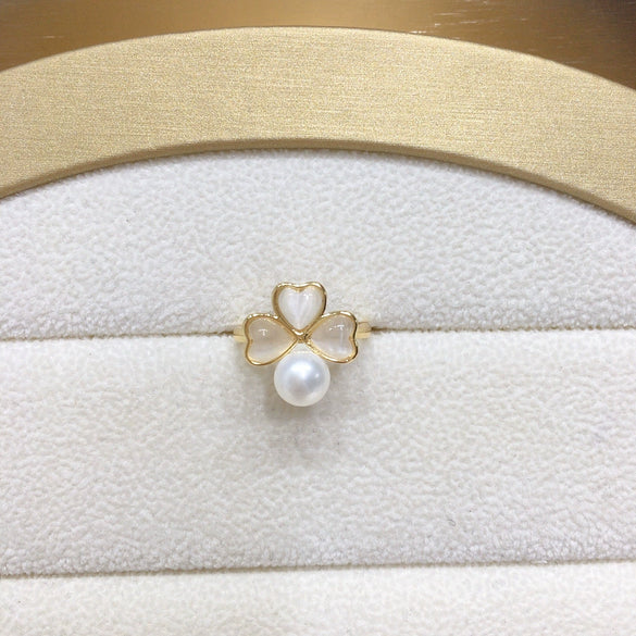 Freshwater Pearl Ring Light Luxury Cat's Eye Stone Clover Design Copper Material Round Shape Women's Jewelry