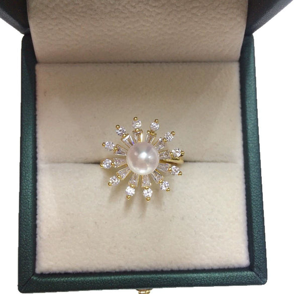 Freshwater Pearl Ring Light Luxury Zircon Sunflower Round Opening Copper Women's