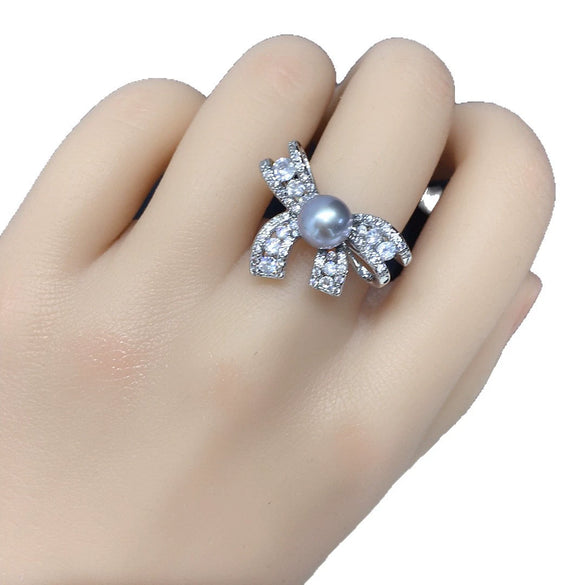 Freshwater Pearl Ring With Copper Bow And Zircon Women's Fashion Jewelry