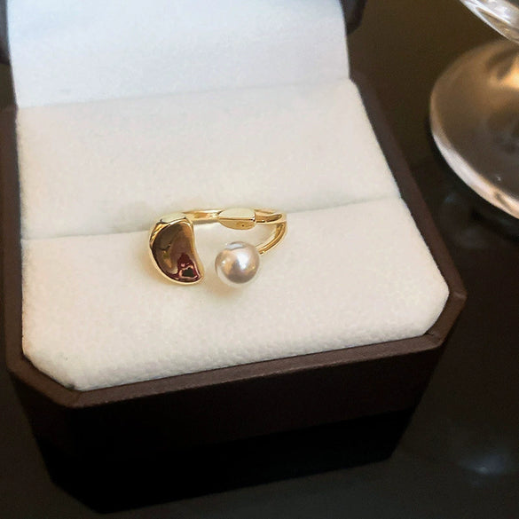 Freshwater Pearl Rose Flower Open Ring Real Gold Electroplated Metal Jewelry For Women