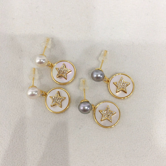 Freshwater Pearl Sea Shell Star Oblate Women's Earrings S925 Sterling Silver 18K Goldfilled