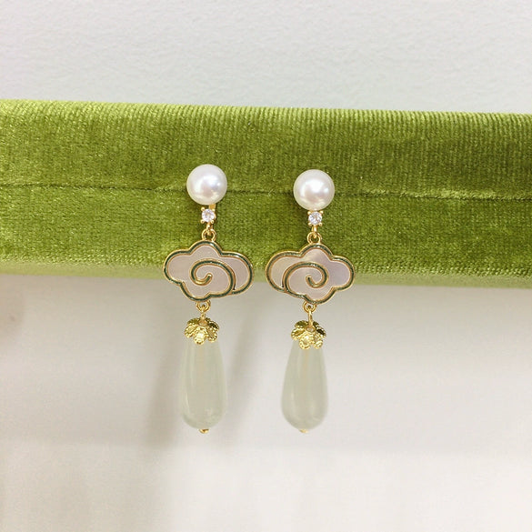 Freshwater Pearl Sea Shells Chalcedony Earrings S925 Sterling Silver Oblate Shape For Women