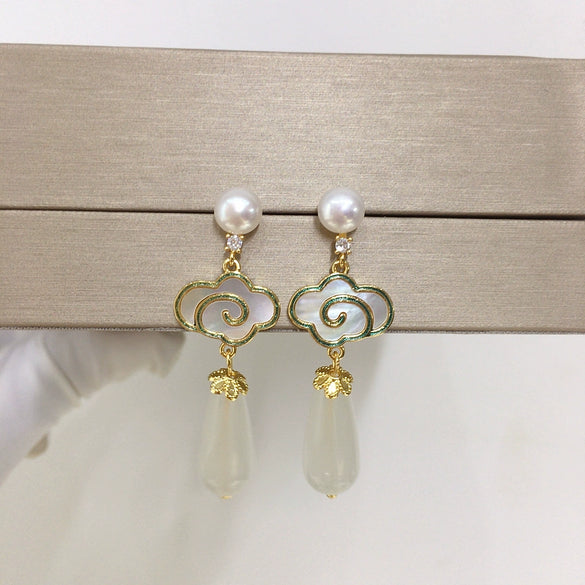 Freshwater Pearl Sea Shells Chalcedony Earrings S925 Sterling Silver Oblate Shape For Women