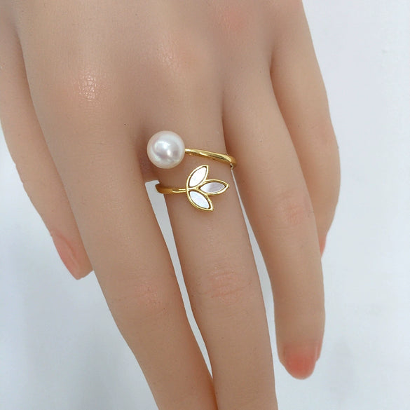 Freshwater Pearl Seashell Fritillaria Clover Ring Copper 18K Real Gold Electroplated Women's Fashion