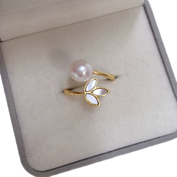 Freshwater Pearl Seashell Fritillaria Clover Ring Copper 18K Real Gold Electroplated Women's Fashion