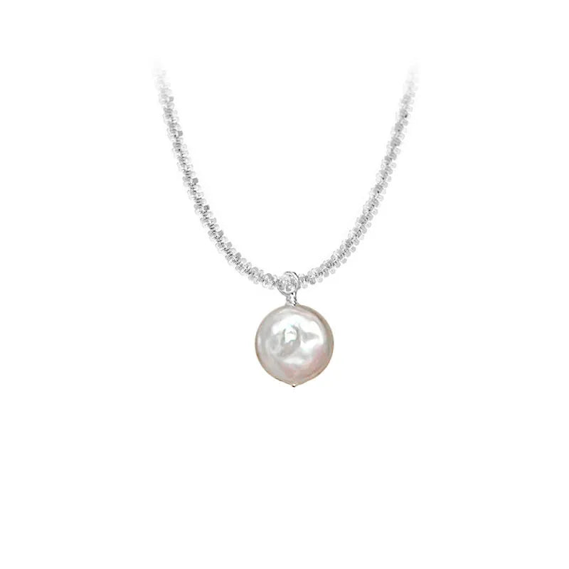 Freshwater Pearl Sterling Silver Elegant Simple Style Polishing Geometric Pendant Necklace