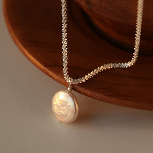 Freshwater Pearl Sterling Silver Elegant Simple Style Polishing Geometric Pendant Necklace