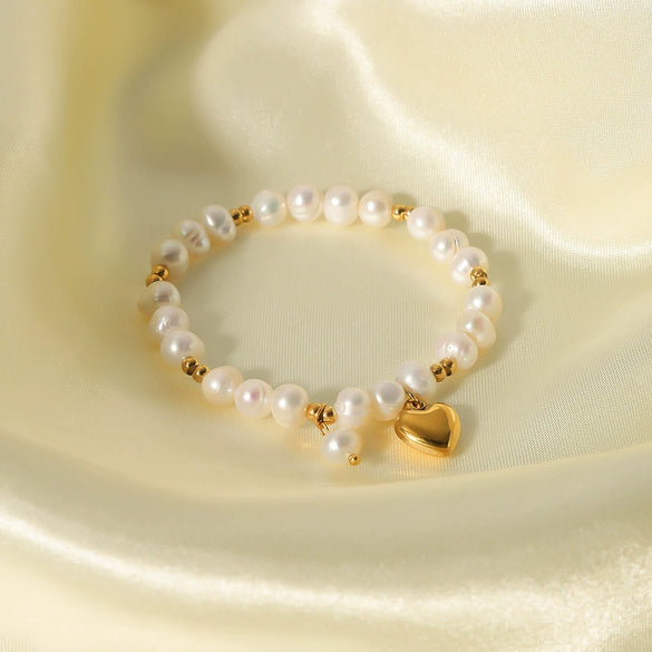 Freshwater Pearl Stitching Steel Ball Titanium Steel Women's Bracelet With Peach Heart Stainless Steel Pendant And 18K Furnace Vacuum Plating