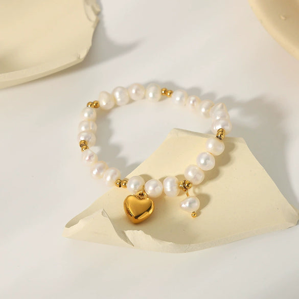 Freshwater Pearl Stitching Steel Ball Titanium Steel Women's Bracelet With Peach Heart Stainless Steel Pendant And 18K Furnace Vacuum Plating