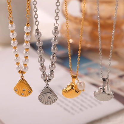 Freshwater Pearl Titanium Steel 18K Gold Plated Casual Simple Style Commute Inlay Shell Rhinestones Earrings Necklace