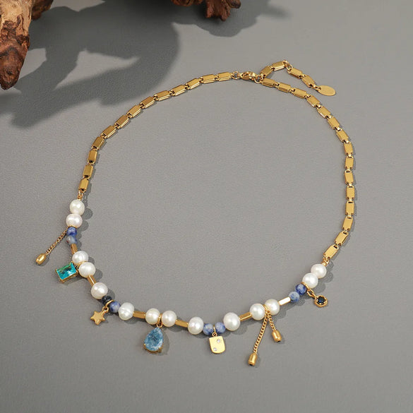 Freshwater Pearl Titanium Steel Elegant Glam Beaded Round Square Star Pendant Necklace