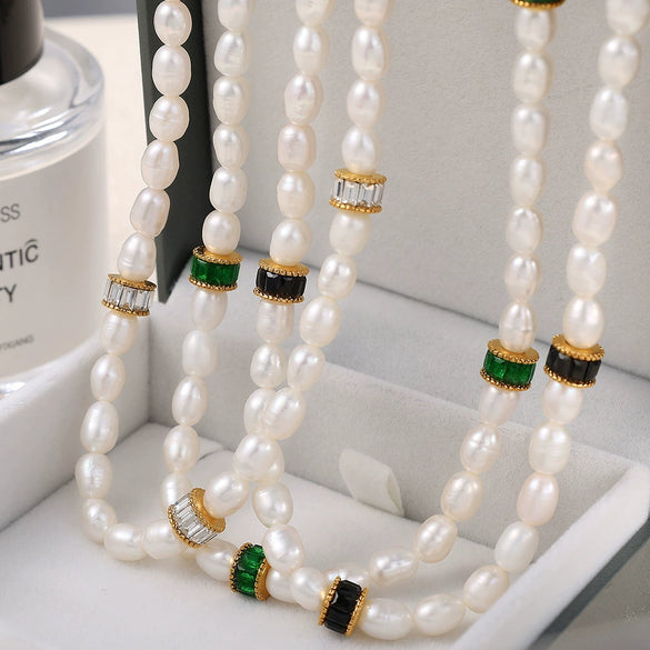 Freshwater Pearl 316L Stainless Steel Necklace Bracelet Set For Women Retro Style Electroplated