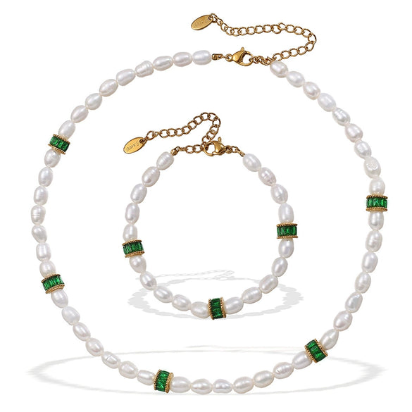 Freshwater Pearl 316L Stainless Steel Necklace Bracelet Set For Women Retro Style Electroplated