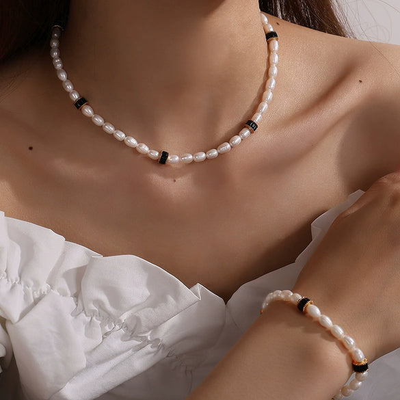Freshwater Pearl 316L Stainless Steel Necklace Bracelet Set For Women Retro Style Electroplated