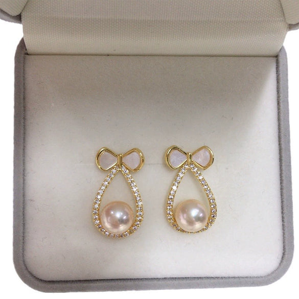 Freshwater Pearl Women's Earring Sweet Bow Design 18K Goldfilled And S925 Sterling Silver Oblate And Round Shape