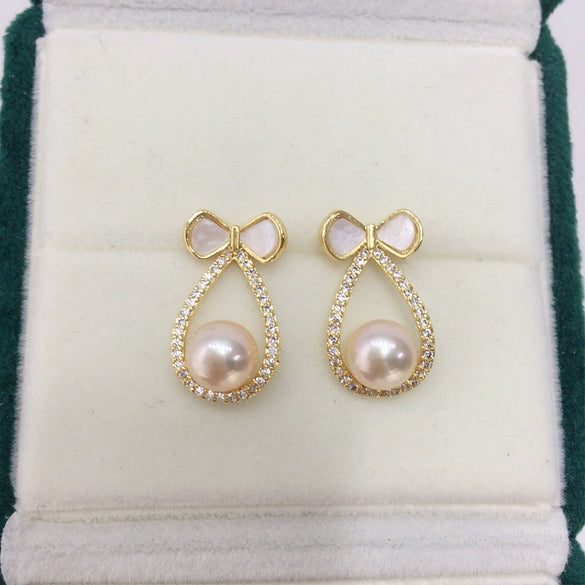 Freshwater Pearl Women's Earring Sweet Bow Design 18K Goldfilled And S925 Sterling Silver Oblate And Round Shape