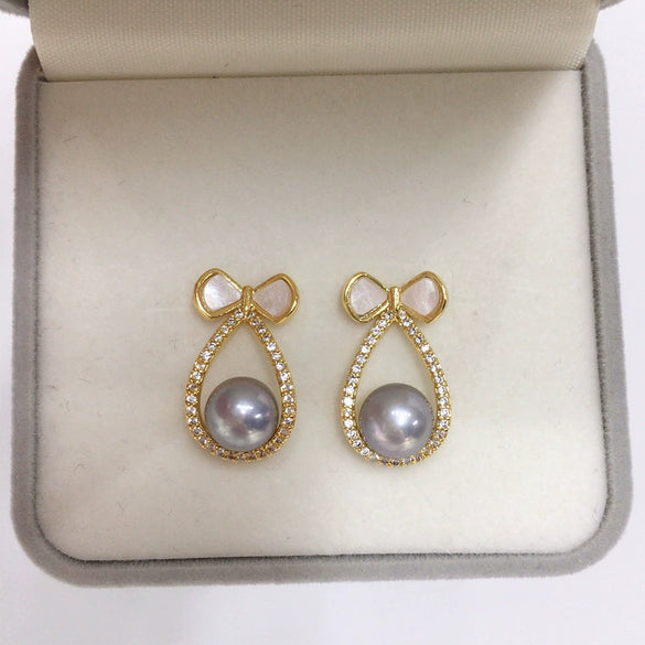 Freshwater Pearl Women's Earring Sweet Bow Design 18K Goldfilled And S925 Sterling Silver Oblate And Round Shape