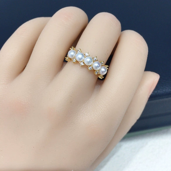 Freshwater Pearl Zircon Ring Copper Material Flat Round And Bun Round Shape Women's Hand Jewelry