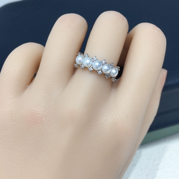 Freshwater Pearl Zircon Ring Copper Material Flat Round And Bun Round Shape Women's Hand Jewelry