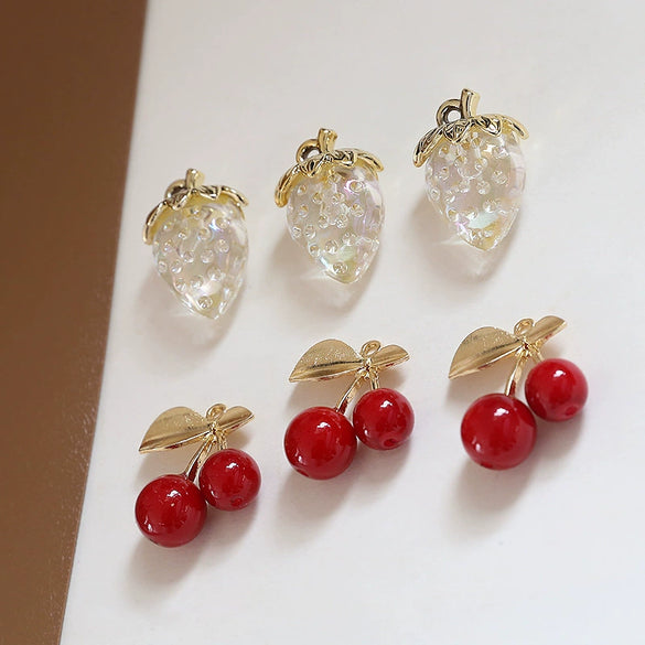 Fruit Pendant Jewelry Earrings Handmade Electroplated Strawberry Red Cherry White Translucent