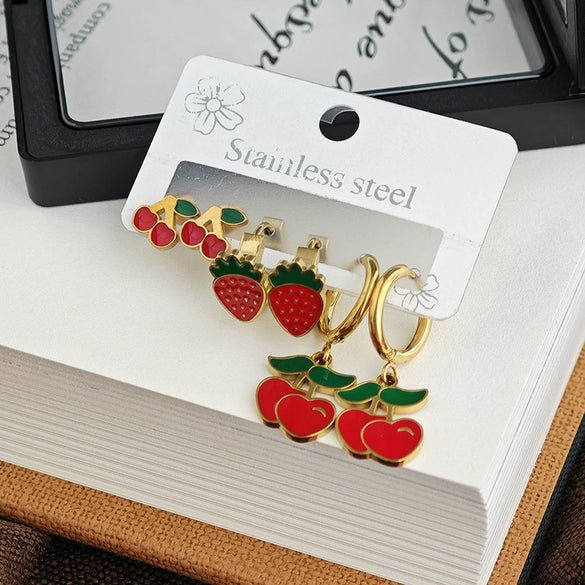 Fruit Series Strawberry Cherry Titanium Steel Electroplated Women's Fashion Earrings