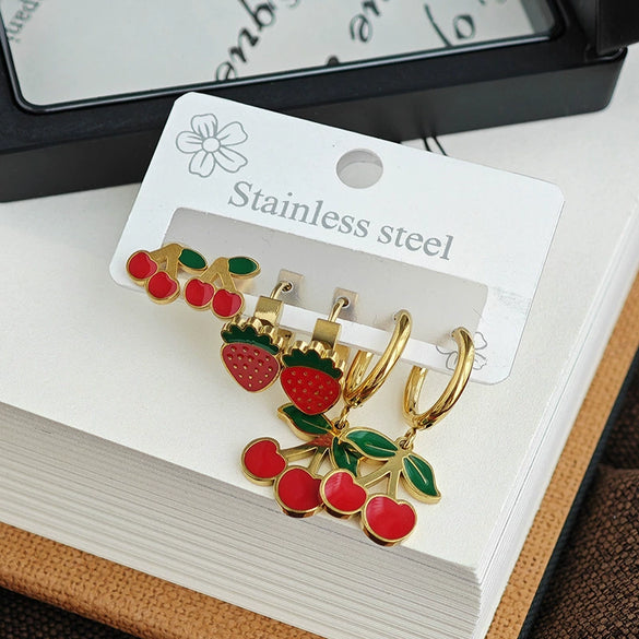 Fruit Series Strawberry Cherry Titanium Steel Electroplated Women's Fashion Earrings