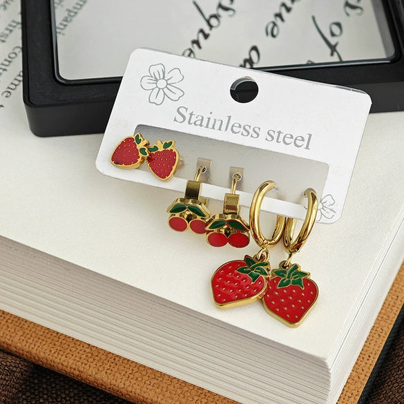 Fruit Series Strawberry Cherry Titanium Steel Electroplated Women's Fashion Earrings