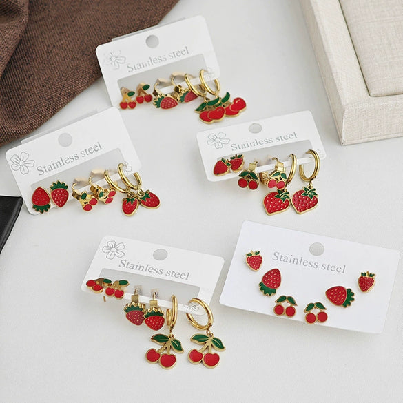 Fruit Series Strawberry Cherry Titanium Steel Electroplated Women's Fashion Earrings