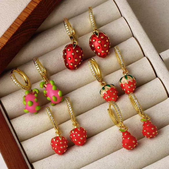 Fruit Strawberry Pitaya Drop Gold Plated Copper Pendant Earrings For Women