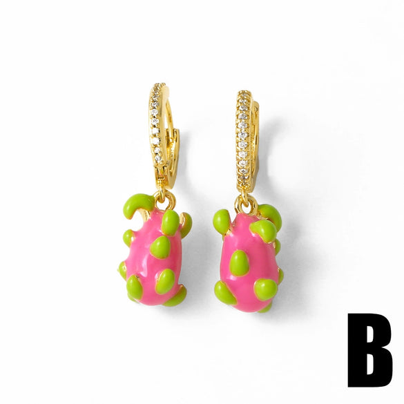 Fruit Strawberry Pitaya Drop Gold Plated Copper Pendant Earrings For Women