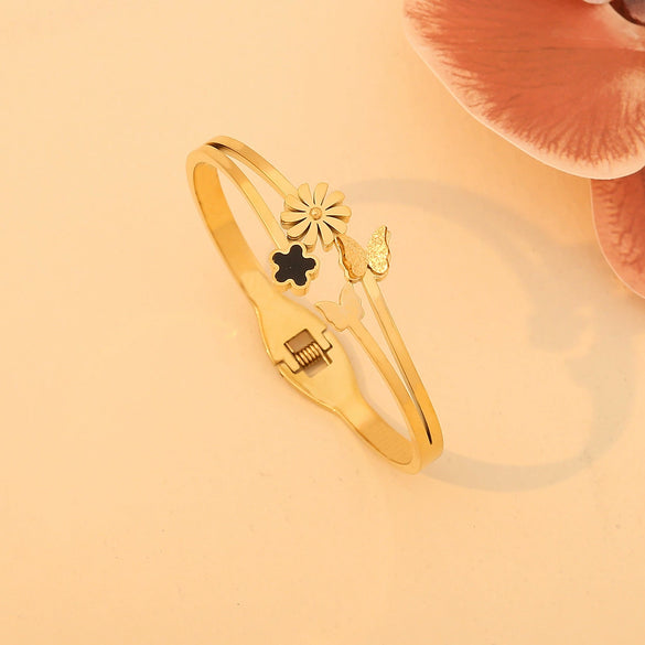 Full Diamond Flower Love Butterfly Stainless Steel Bracelet With Electroplating