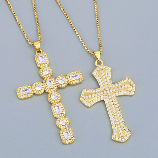 Full Zircon Cross Pendant Hipster Necklace