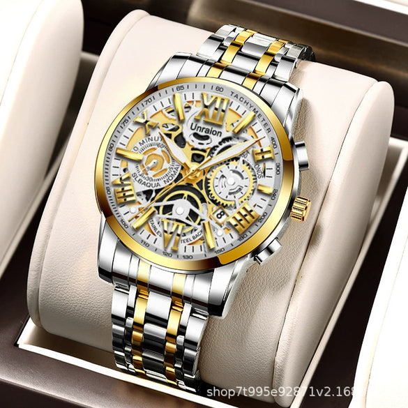 Fullautomatic Movement Men's Calendar Waterproof Luminous Nonmechanical Watch With Round Dial Alloy Case Genuine Leather Strap And Stainless Steel Clasp