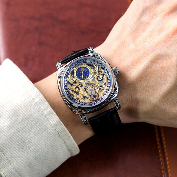 Fully Automatic Mechanical Men's Watch With Hollowedout Transparent Back Luminous Moon Phase Genuine Leather Strap Alloy Case And Mineral Reinforced Glass Mirror