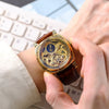 Fully Automatic Mechanical Men's Watch With Hollowedout Transparent Back Luminous Moon Phase Genuine Leather Strap Alloy Case And Mineral Reinforced Glass Mirror