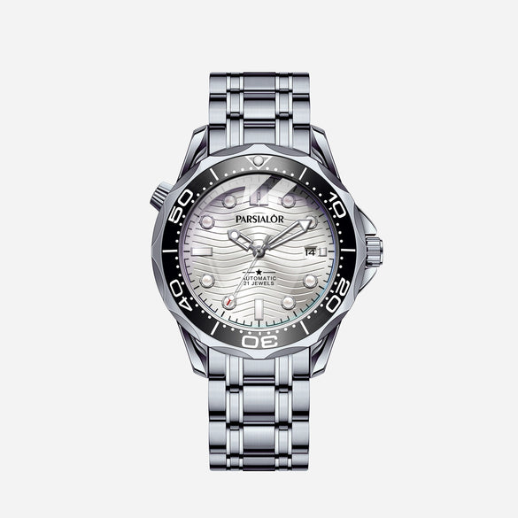 Fullyautomatic Mechanical Men's Watch With Wave Carved Design Round Dial Stainless Steel Strap And Buckle Alloy Case Mineral Reinforced Glass Mirror