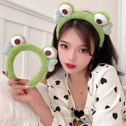 Funny Cartoon Big Eyes Green Frog Headband Female Face Wash Cute Plush Hair Band Headband Mask Headdress