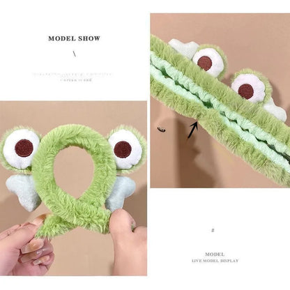 Funny Cartoon Big Eyes Green Frog Headband Female Face Wash Cute Plush Hair Band Headband Mask Headdress